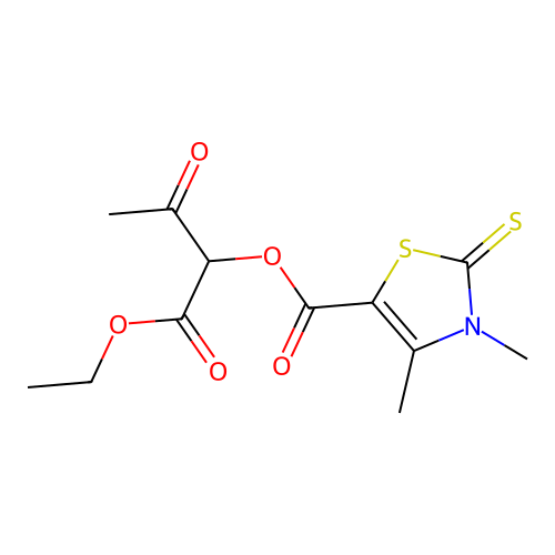 1-ethoxy-1,3-dioxobutan-2-yl 3,4-dimethyl-2-thioxo-2,3-dihydro-1,3-thiazole-5-carboxylate structure