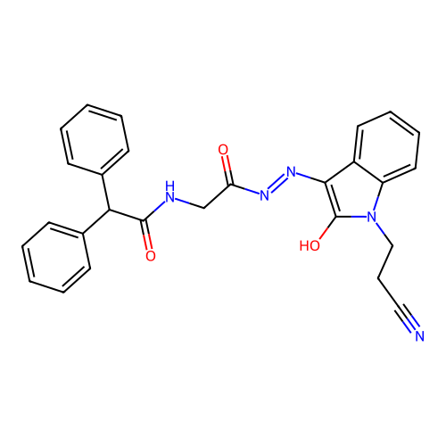 N-[[[1-(2-cyanoethyl)-2-oxo-indol-3-ylidene]amino]carbamoylmethyl]-2,2-diphenyl-acetamide structure