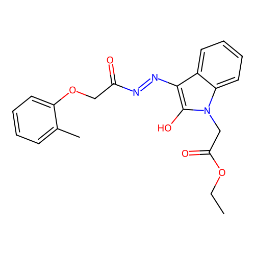 ethyl [(3Z)-3-{2-[(2-methylphenoxy)acetyl]hydrazinylidene}-2-oxo-2,3-dihydro-1H-indol-1-yl]acetate structure