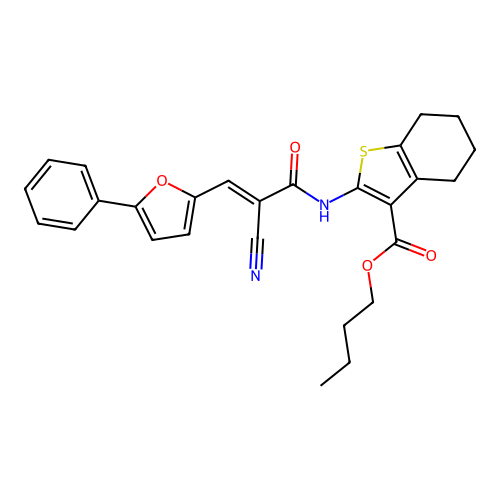 (E)-butyl 2-(2-cyano-3-(5-phenylfuran-2-yl)acrylamido)-4,5,6,7-tetrahydrobenzo[b]thiophene-3-carboxylate structure