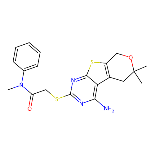 2-[(4-amino-6,6-dimethyl-5,8-dihydro-6H-pyrano[4',3':4,5]thieno[2,3-d]pyrimidin-2-yl)sulfanyl]-N-methyl-N-phenylacetamide structure
