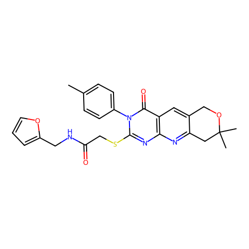2-((8,8-dimethyl-4-oxo-3-(p-tolyl)-4,6,8,9-tetrahydro-3H-pyrano[3',4':5,6]pyrido[2,3-d]pyrimidin-2-yl)thio)-N-(furan-2-ylmethyl)acetamide structure
