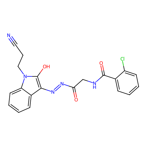2-chloro-N-[2-[2-[1-(2-cyanoethyl)-2-oxoindol-3-ylidene]hydrazinyl]-2-oxoethyl]benzamide structure