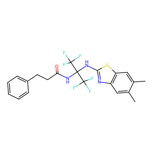 N-(2-((5,6-dimethylbenzo[d]thiazol-2-yl)amino)-1,1,1,3,3,3-hexafluoropropan-2-yl)-3-phenylpropanamide structure