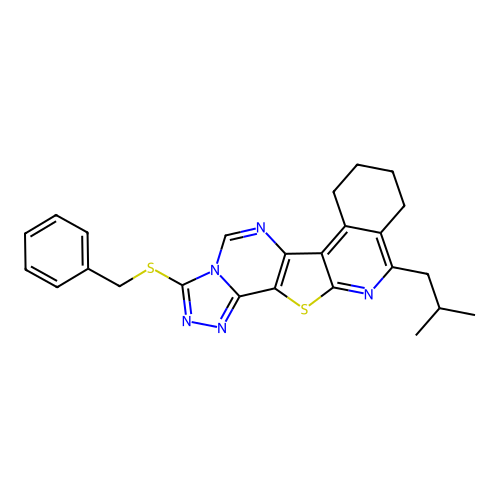 3-(Benzylsulfanyl)-11-(2-methylpropyl)-7,8,9,10-tetrahydro[1,2,4]triazolo[4'',3'':1',6']pyrimido-[4',5':4,5]thieno[2,3-c]isoquinoline structure