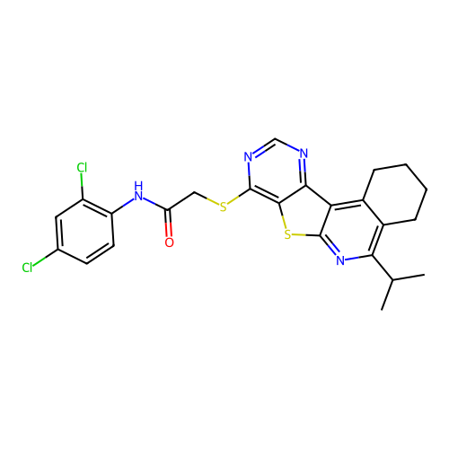 N-(2,4-dichlorophenyl)-2-((5-isopropyl-1,2,3,4-tetrahydropyrimido[4',5':4,5]thieno[2,3-c]isoquinolin-8-yl)thio)acetamide structure