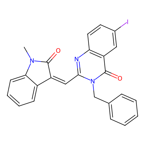 (Z)-3-benzyl-6-iodo-2-((1-methyl-2-oxoindolin-3-ylidene)methyl)quinazolin-4(3H)-one structure