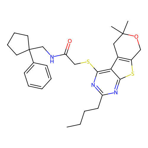 2-((2-butyl-6,6-dimethyl-6,8-dihydro-5H-pyrano[4',3':4,5]thieno[2,3-d]pyrimidin-4-yl)thio)-N-((1-phenylcyclopentyl)methyl)acetamide structure