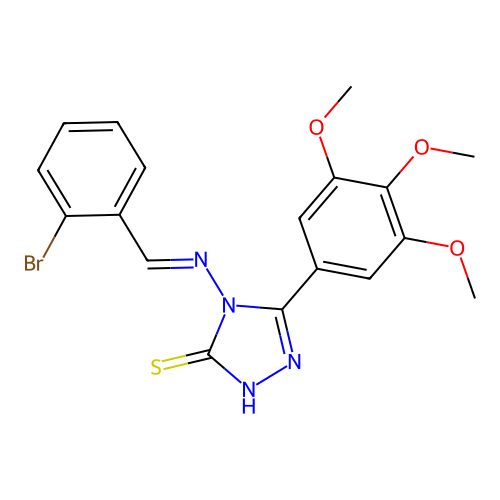 (E)-4-((2-bromobenzylidene)amino)-5-(3,4,5-trimethoxyphenyl)-4H-1,2,4-triazole-3-thiol structure