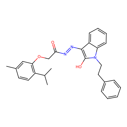 (Z)-2-(2-isopropyl-5-methylphenoxy)-N'-(2-oxo-1-phenethylindolin-3-ylidene)acetohydrazide structure