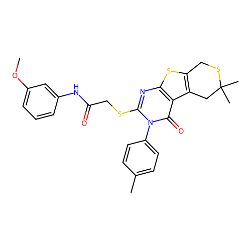 2-((6,6-dimethyl-4-oxo-3-(p-tolyl)-4,5,6,8-tetrahydro-3H-thiopyrano[4',3':4,5]thieno[2,3-d]pyrimidin-2-yl)thio)-N-(3-methoxyphenyl)acetamide structure
