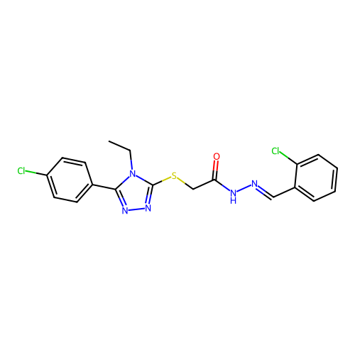 2-{[5-(4-chlorophenyl)-4-ethyl-4H-1,2,4-triazol-3-yl]sulfanyl}-N'-[(E)-(2-chlorophenyl)methylidene]acetohydrazide structure