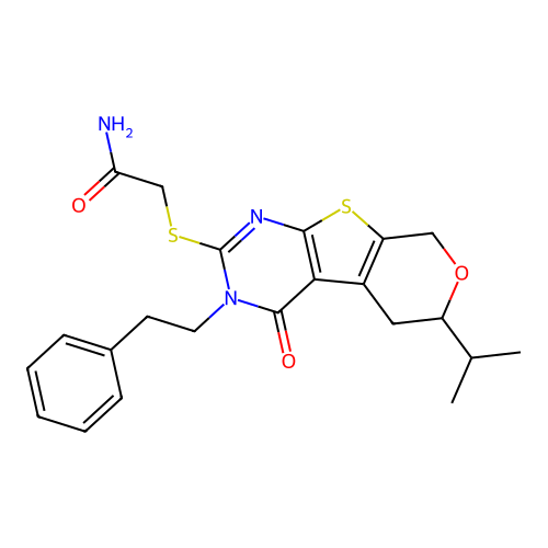 2-((6-isopropyl-4-oxo-3-phenethyl-4,5,6,8-tetrahydro-3H-pyrano[4',3':4,5]thieno[2,3-d]pyrimidin-2-yl)thio)acetamide structure