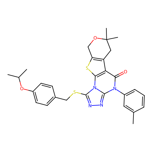1-((4-isopropoxybenzyl)thio)-7,7-dimethyl-4-(m-tolyl)-6,7-dihydro-4H-pyrano[4',3':4,5]thieno[3,2-e][1,2,4]triazolo[4,3-a]pyrimidin-5(9H)-one structure