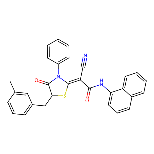 (2Z)-2-cyano-2-[5-(3-methylbenzyl)-4-oxo-3-phenyl-1,3-thiazolidin-2-ylidene]-N-(naphthalen-1-yl)ethanamide structure