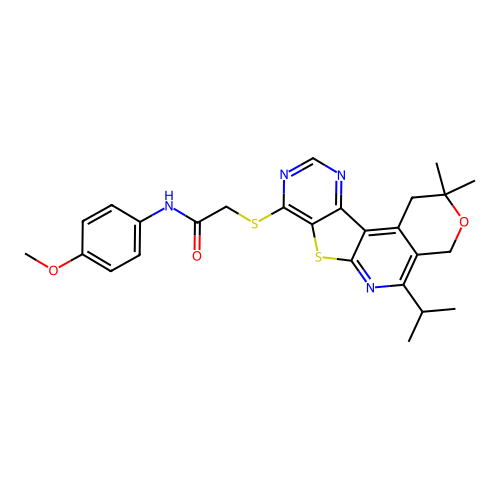2-((5-isopropyl-2,2-dimethyl-2,4-dihydro-1H-pyrano[4'',3'':4',5']pyrido[3',2':4,5]thieno[3,2-d]pyrimidin-8-yl)thio)-N-(4-methoxyphenyl)acetamide structure