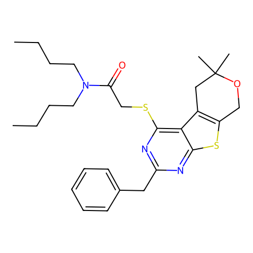 2-((2-benzyl-6,6-dimethyl-6,8-dihydro-5H-pyrano[4',3':4,5]thieno[2,3-d]pyrimidin-4-yl)thio)-N,N-dibutylacetamide structure