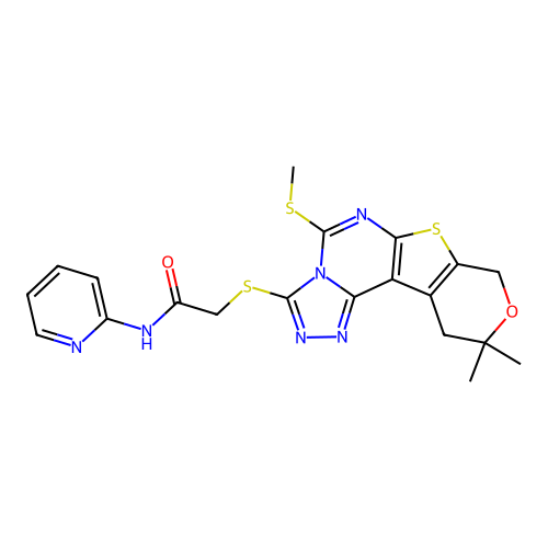 2-((10,10-dimethyl-5-(methylthio)-10,11-dihydro-8H-pyrano[4',3':4,5]thieno[3,2-e][1,2,4]triazolo[4,3-c]pyrimidin-3-yl)thio)-N-(pyridin-2-yl)acetamide structure