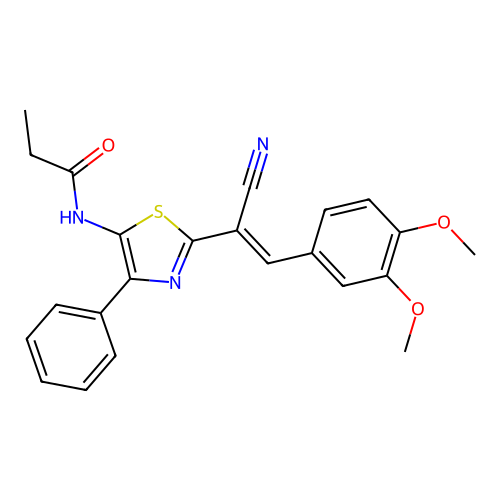 (E)-N-(2-(1-cyano-2-(3,4-dimethoxyphenyl)vinyl)-4-phenylthiazol-5-yl)propionamide structure