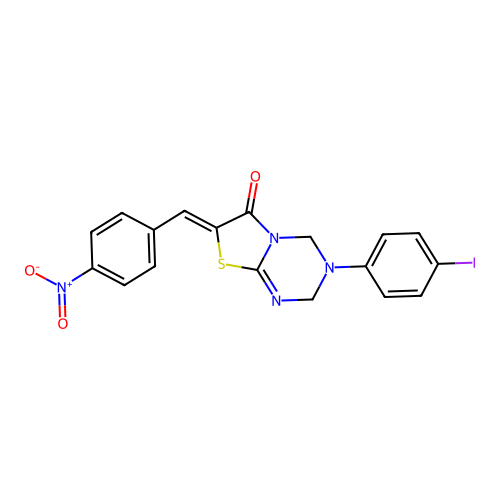 (7Z)-3-(4-iodophenyl)-7-(4-nitrobenzylidene)-3,4-dihydro-2H-[1,3]thiazolo[3,2-a][1,3,5]triazin-6(7H)-one structure