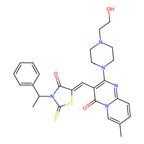 2-[4-(2-hydroxyethyl)piperazin-1-yl]-7-methyl-3-{(Z)-[4-oxo-3-(1-phenylethyl)-2-thioxo-1,3-thiazolidin-5-ylidene]methyl}-4H-pyrido[1,2-a]pyrimidin-4-one structure