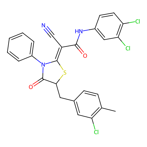 (2Z)-2-[5-(3-chloro-4-methylbenzyl)-4-oxo-3-phenyl-1,3-thiazolidin-2-ylidene]-2-cyano-N-(3,4-dichlorophenyl)ethanamide structure