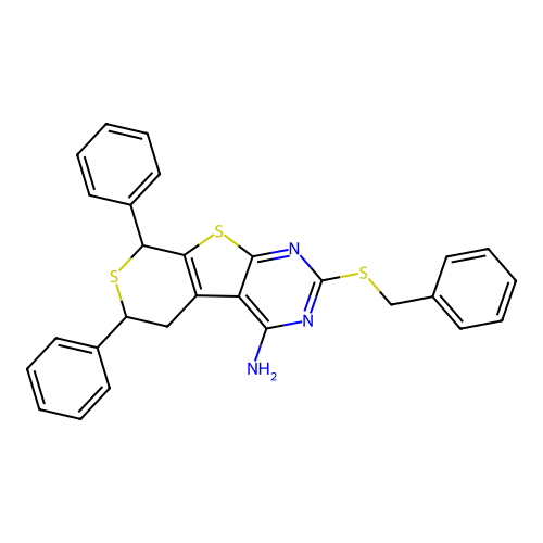 2-(benzylsulfanyl)-6,8-diphenyl-5,8-dihydro-6H-thiopyrano[4',3':4,5]thieno[2,3-d]pyrimidin-4-amine structure