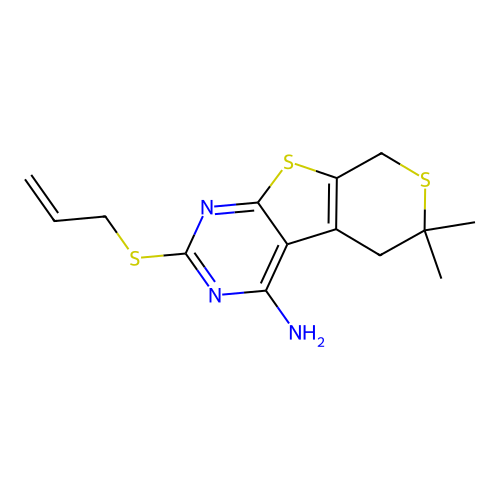 2-(allylthio)-6,6-dimethyl-6,8-dihydro-5H-thiopyrano[4',3':4,5]thieno[2,3-d]pyrimidin-4-amine structure