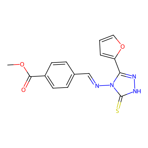 Methyl 4-(((3-(2-furyl)-5-mercapto-4H-1,2,4-triazol-4-YL)imino)methyl)benzoate structure