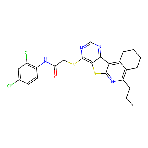 N-(2,4-dichlorophenyl)-2-((5-propyl-1,2,3,4-tetrahydropyrimido[4',5':4,5]thieno[2,3-c]isoquinolin-8-yl)thio)acetamide structure