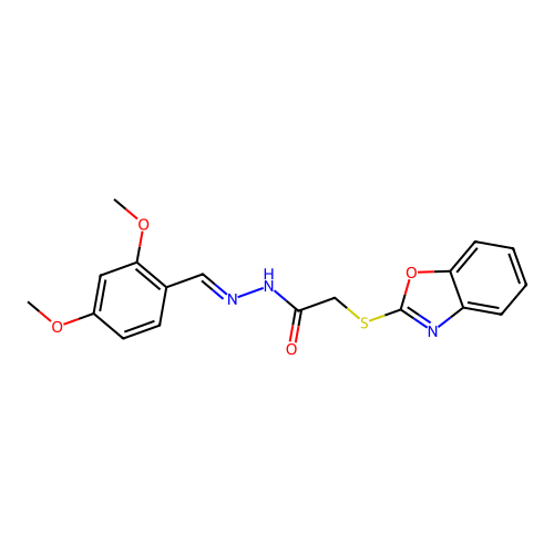 (E)-2-(benzo[d]oxazol-2-ylthio)-N'-(2,4-dimethoxybenzylidene)acetohydrazide structure