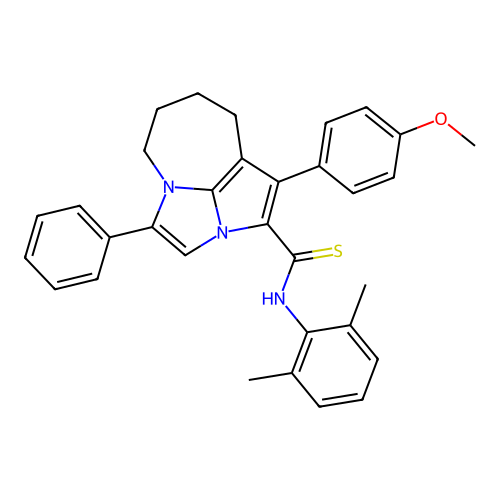 N-(2,6-dimethylphenyl)-1-(4-methoxyphenyl)-4-phenyl-5,6,7,8-tetrahydro-2a,4a-diazacyclopenta[cd]azulene-2-carbothioamide structure