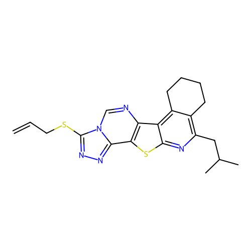 11-(2-methylpropyl)-3-(prop-2-en-1-ylsulfanyl)-7,8,9,10-tetrahydro[1,2,4]triazolo[4'',3'':1',6']pyrimido[4',5':4,5]thieno[2,3-c]isoquinoline structure