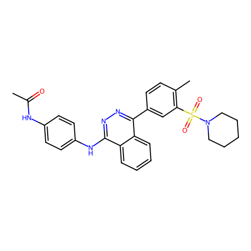 N-[4-({4-[4-methyl-3-(piperidin-1-ylsulfonyl)phenyl]phthalazin-1-yl}amino)phenyl]acetamide structure