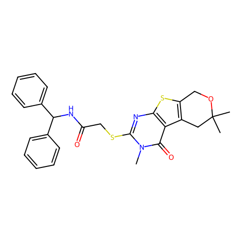 N-(diphenylmethyl)-2-[(3,6,6-trimethyl-4-oxo-3,5,6,8-tetrahydro-4H-pyrano[4',3':4,5]thieno[2,3-d]pyrimidin-2-yl)sulfanyl]acetamide structure