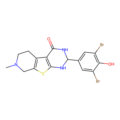 2,6-dibromo-4-(4-hydroxy-7-methyl-1,2,5,6,7,8-hexahydropyrido[4',3':4,5]thieno[2,3-d]pyrimidin-7-ium-2-yl)phenolate structure
