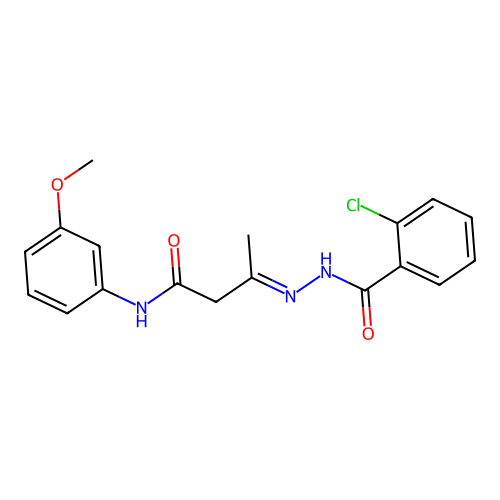 (3E)-3-{2-[(2-chlorophenyl)carbonyl]hydrazinylidene}-N-(3-methoxyphenyl)butanamide structure