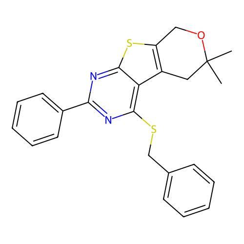 4-(benzylsulfanyl)-6,6-dimethyl-2-phenyl-5,8-dihydro-6H-pyrano[4',3':4,5]thieno[2,3-d]pyrimidine structure