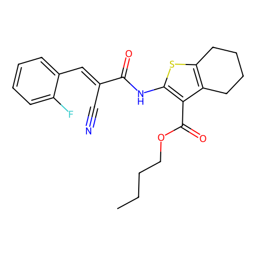 (E)-butyl 2-(2-cyano-3-(2-fluorophenyl)acrylamido)-4,5,6,7-tetrahydrobenzo[b]thiophene-3-carboxylate structure