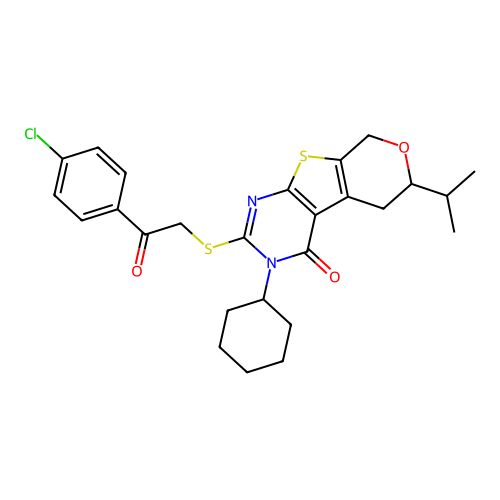 2-((2-(4-chlorophenyl)-2-oxoethyl)thio)-3-cyclohexyl-6-isopropyl-5,6-dihydro-3H-pyrano[4',3':4,5]thieno[2,3-d]pyrimidin-4(8H)-one structure