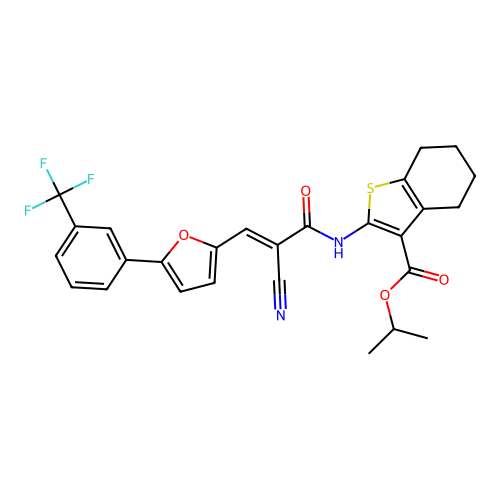 (E)-isopropyl 2-(2-cyano-3-(5-(3-(trifluoromethyl)phenyl)furan-2-yl)acrylamido)-4,5,6,7-tetrahydrobenzo[b]thiophene-3-carboxylate structure
