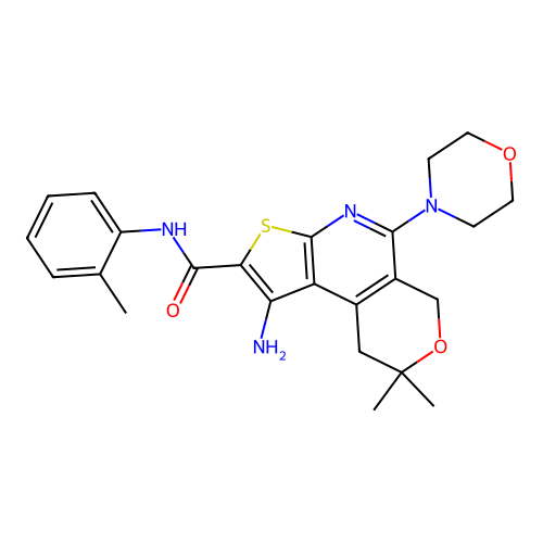 1-amino-8,8-dimethyl-N-(2-methylphenyl)-5-(morpholin-4-yl)-8,9-dihydro-6H-pyrano[4,3-d]thieno[2,3-b]pyridine-2-carboxamide structure