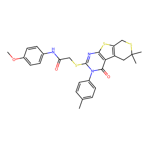 2-((6,6-dimethyl-4-oxo-3-(p-tolyl)-4,5,6,8-tetrahydro-3H-thiopyrano[4',3':4,5]thieno[2,3-d]pyrimidin-2-yl)thio)-N-(4-methoxyphenyl)acetamide structure