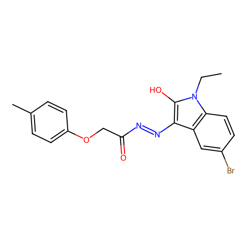 N'-[(3Z)-5-bromo-1-ethyl-2-oxo-1,2-dihydro-3H-indol-3-ylidene]-2-(4-methylphenoxy)acetohydrazide structure