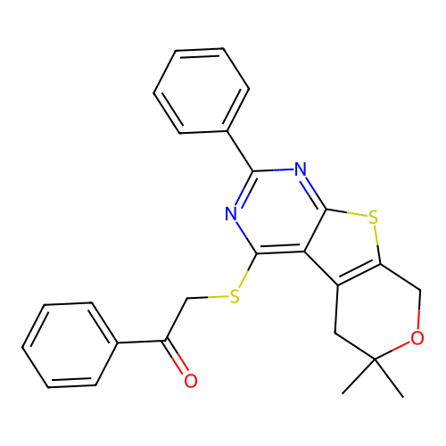 2-((6,6-dimethyl-2-phenyl-6,8-dihydro-5H-pyrano[4',3':4,5]thieno[2,3-d]pyrimidin-4-yl)thio)-1-phenylethanone structure