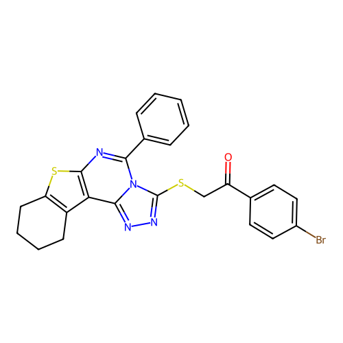 1-(4-bromophenyl)-2-((5-phenyl-8,9,10,11-tetrahydrobenzo[4,5]thieno[3,2-e][1,2,4]triazolo[4,3-c]pyrimidin-3-yl)thio)ethanone structure