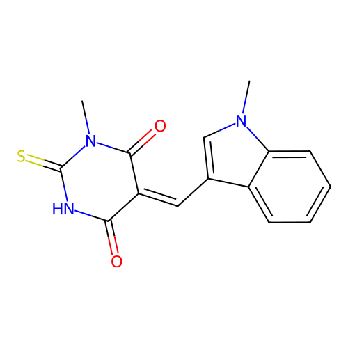 (5Z)-1-methyl-5-[(1-methylindol-3-yl)methylidene]-2-sulfanylidene-1,3-diazinane-4,6-dione structure