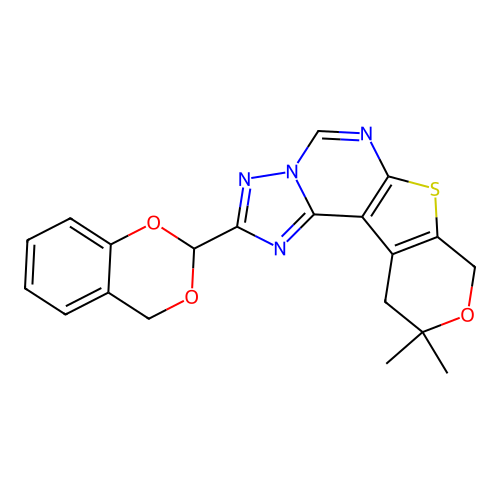 2-(4H-1,3-benzodioxin-2-yl)-10,10-dimethyl-10,11-dihydro-8H-pyrano[4',3':4,5]thieno[3,2-e][1,2,4]triazolo[1,5-c]pyrimidine structure