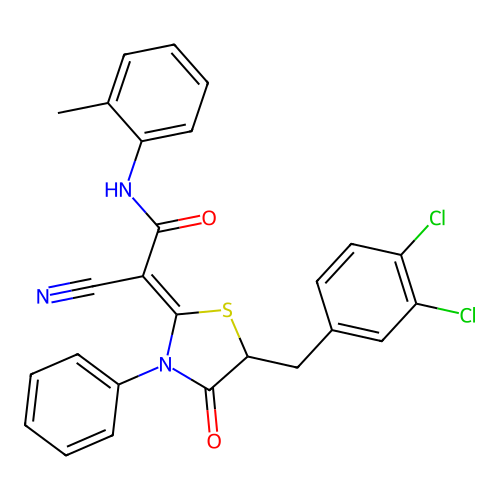 (2Z)-2-cyano-2-[5-(3,4-dichlorobenzyl)-4-oxo-3-phenyl-1,3-thiazolidin-2-ylidene]-N-(2-methylphenyl)ethanamide structure