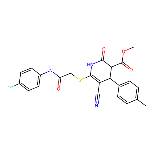 methyl 5-cyano-6-((2-((4-fluorophenyl)amino)-2-oxoethyl)thio)-2-oxo-4-(p-tolyl)-1,2,3,4-tetrahydropyridine-3-carboxylate structure